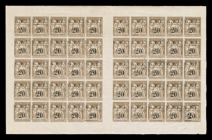 Yvert 1, 1a, 1b, Scott 1, 1a, 1884 G.P.E20 Provisional surcharge on 30c Brown, a lovely and very scarce full double pane of 50 showing the overprint setting including the major
overprint varieties of the large 2 in 20 (position 25 of the