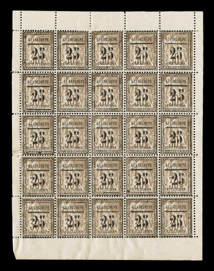 Yvert 9, Scott 9, 1889 Guadeloupe25centimes provisional surcharge on 30c Brown provisional surcharge, full pane of 25 showing all ten different types of this typeset surcharge,
nice impressions of both the stamps and the surcharges, o.g., b