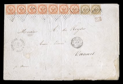 French Colonies Yvert 3, 5, 1859 40c Vermilion horizontal strips of three and four plus 10c Yellow bister horizontal pair, an impressive franking for the six times rate to France
(6x50c = 3Fr), a few minor wrinkles to the stamps being affixed cl