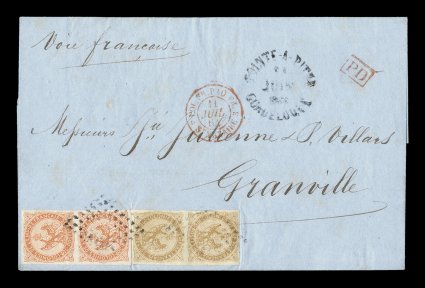 French Colonies Yvert 3, 5, 1859 10c Yellow bister and 40c Vermilion, each a large margined vertical pair, tied to handsome 1864 folded cover to France by black lozenge cancels,
Pointe-a-PitreGuadeloupe24 Juin 1864 rimless c.d.s., via French
