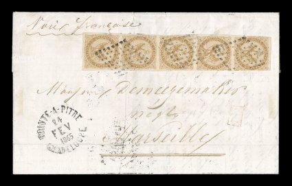 French Colonies Yvert 3, 1859 10c Yellow bister vertical strip of five, very attractive with mostly large margins to touching at top right, tied to attractive 1865 maritime
folded letter to France, stamps tied by black lozenge cancels with match