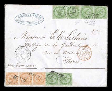 French Colonies Yvert 2, 5, 1859-62 5c Green and 40c Vermilion, handsome franking with three pairs of the former and a horizontal strip of three of the 40c, clear to large
margins to just in on no more than one side of several stamps, all tied b