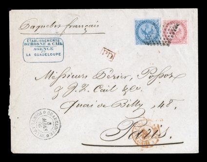 French Colonies Yvert 4, 6, 1865 20c Blue and 80c Rose, lovely singles with large margins and bright colors, tied to attractive 1866 cover to France by black lozenge cancels,
distinct GuadeloupePointe-a-Pitre8 Mars 1866 double-circle c.d.s.