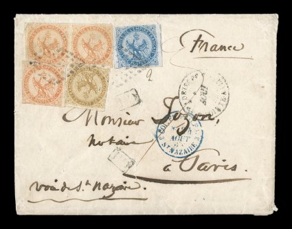 French Colonies Yvert 3, 4, 5, 1859-65 10c Yellow bister, 20c Blue and 40c Vermilion, attractive three-color franking with singles of the two low values and a horizontal pair and
single of the 40c, large margins to just in, tied to neat 1868 cov