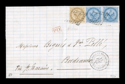 French Colonies Yvert 3, 4, 1859-65 10c Yellow Bister and 20c Blue, two singles of the latter, one slightly in at top, otherwise nice large margins with bright colors, tied to
fresh entire folded letter by black lozenge cancels, well struck Paq