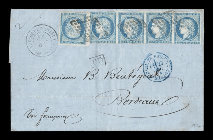 French Colonies Yvert 12, 1871 20c Blue horizontal strip of four plus well margined single, the rare strip has clear margins to just into the frame at bottom, tied to 1871 folded
cover to France by black lozenge cancels, small black Guadeloupe