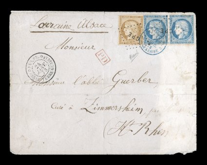 French Colonies Yvert 11, 12, 1871 10c Bister and 20c Blue horizontal pair, mostly clear to large margins, just in at the top right corner of the pair, a rare franking on 1873
French packet cover to the Alsace Lorraine district, stamps are tied