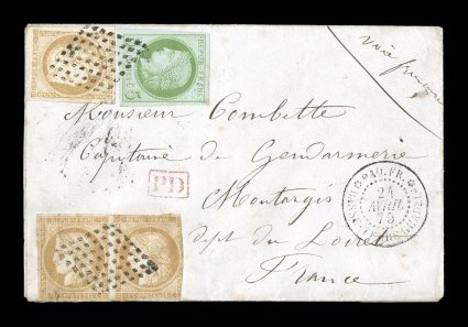 French Colonies Yvert 17, 22, 1872 5c Green on blue and 15c Bister, single and horizontal pair of the latter (pair cut in at spots and with light toning) making the 50c rate by
French packet to France, on small cover with black lozenge cancels,