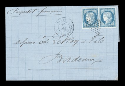 French Colonies Yvert 23a, 1872 25c Blue, Ty. III, horizontal pair, a lovely example of this scarcer type, being fresh with four large margins and bright color, neatly tied to
entire folded letter to France by black lozenge cancel, matching Paq