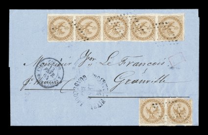 French Colonies Yvert 3, 1859 10c Yellow bister vertical strip of five plus a horizontal pair, well clear to large margins on the strip, just in at top of pair, all with bright
color, strip tied to fresh folded cover by black lozenge cancels, ma