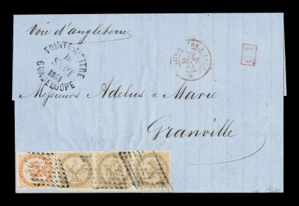 French Colonies Yvert 3, 3a, 5, 1859 10c Yellow bister horizontal strip of three, right stamp sideways, plus a 40c Vermilion, all the stamps have large margins and the strip with
le timbre couche is especially rare in such amazingly choice qua