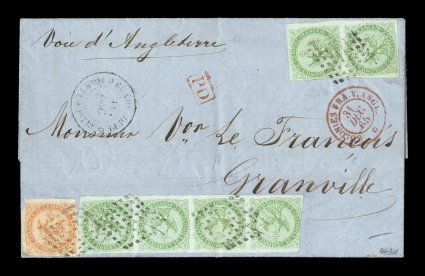 French Colonies Yvert 2, 5, 1859-62 5c Green horizontal strip of four and vertical pair, plus 40c Vermilion single, a striking combination to make the 70c single British packet
rate to France, stamps mostly with large margins, just cutting on a f