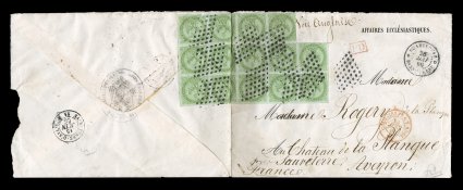 French Colonies Yvert 2, 1862 5c Green irregular block of fourteen, with margins nearly all around, because of its size the block was affixed at the left of an 1866 imprinted
cover for Affaires Ecclesiastiquies. and wrapped around to the rever