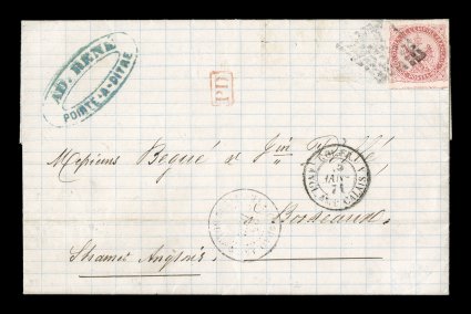 French Colonies Yvert 6, 1865 80c Rose, a spectacular single with large to huge margins showing a portion of the next stamp at bottom, in single franking tied to an 1870 entire
folded letter to France by black lozenge cancel, with light stri