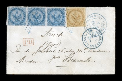 French Colonies Yvert 3, 4, 1859-65 10c Yellow bister and 20c Blue horizontal strip of three, attractive franking with well clear to large margins on both the single and the
strip, tied to small 1871 cover to France by scarce blue lozenge cancel