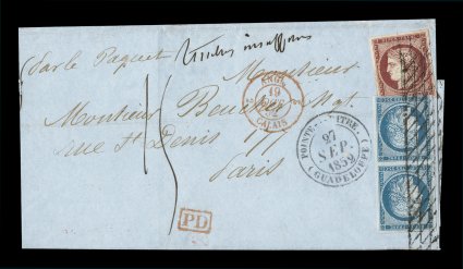 France Yvert 4, 6, 1849 25c Blue vertical pair and 1Fr Carmine, a lovely franking on an exceptionally rare insufficiently paid double rate folded cover, stamps possess well clear
to large even margins with bright fresh colors, both tied by rolle