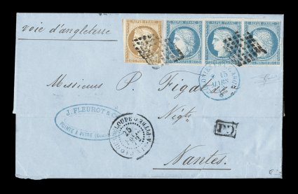 French Colonies Yvert 11, 12, 1871 10c Bister and 20c Blue horizontal strip of three, both values are among the scarcer of the General Colonies issues, 10c single touched at a
couple points, the rare strip of three with clear to mostly very larg