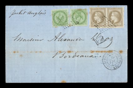 French Colonies Yvert 2, 9, 1862-71 5c Green and 30c Brown horizontal pair, two singles of the 5c Eagle in combination usage with a 30c Napoleon pair, mostly clear to large
margins, tied to 1872 folded cover to France by black lozenge cancels, 