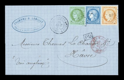French Colonies Yvert 13, 17, 23, 1871-72 40c Orange, 5c Green on blue and 25c Blue, Ty. I, a single of each in a gorgeous three-color franking, all with clear to mostly large
margins and brilliant attractive colors, very neatly tied to 1872 fol