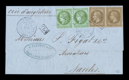 French Colonies Yvert 9, 17, 1871-72 30c Brown and 5c Green on blue, attractive horizontal pairs of each, fresh colors and mostly clear to large margins, tied to neat 1872 folded
cover to France by black lozenge cancels as well as the blue Colo