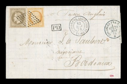 French Colonies Yvert 9, 13, 1871 30c Brown and 40c Orange, nicely margined singles tied together on 1873 entire folded letter to France by perfectly struck black lozenge cancel,
plus extraordinarily rare black Paq. Ang.Basse-Terre Guadel12 M