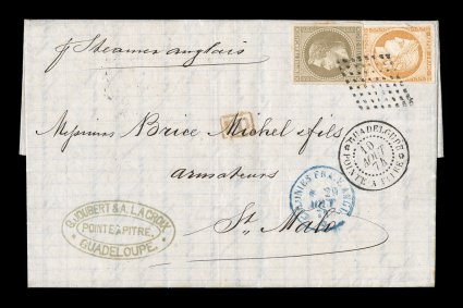 French Colonies Yvert 9, 13, 1871 30c Brown and 40c Orange, a single of each with attractive colors, 30c with four large even margins, the 30c just cutting at bottom right,
paying the single 70c British packet rate, tied to 1874 entire folded le