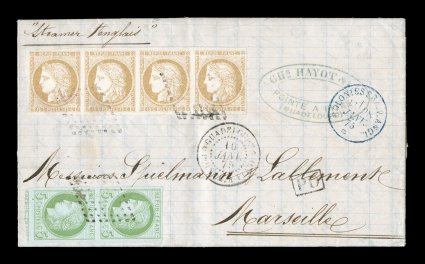 French Colonies Yvert 17, 22, 1872 5c Green on blue vertical pair and 15c Bister horizontal strip of four, magnificent examples of each with wide even margins all around on both
of them, exceptionally fresh with bright colors, all combining to m