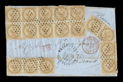 French Colonies Yvert 3, 1859 10c Yellow bister block of ten, plus horizontal strip of three and two horizontal pairs, edge creases damaging the top strip of five in the block
and both pairs, nevertheless a rare franking overpaying the double Br