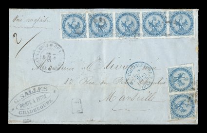 French Colonies Yvert 4, 1865 20c Blue, horizontal strip of five and horizontal pair, each with four mostly large margins, one stamp of the strip just in at one corner, both tied
to 1868 folded cover to France by black lozenge cancels, Guadelou
