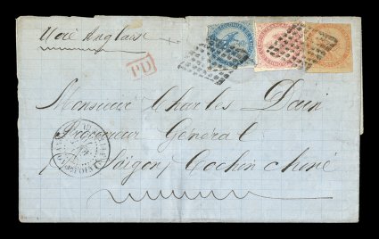 French Colonies Yvert 4, 5, 6, 1859-65 20c Blue, 40c Vermilion and 80c Rose, singles of each (slightly cutting in) in three-color franking paying the double British packet rate,
tied to 1870 folded cover to Cochin China by black lozenge canc
