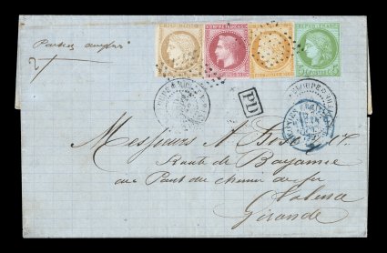 French Colonies Yvert 10, 13, 17, 22, 1871-2 80c Rose, 40c orange, 5c Green on blue and 15c Bister, fresh bright singles of each in a striking four-color franking, all with clear
to large margins except the 15c value which is just into the f