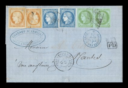 French Colonies Yvert 13, 17, 23, 1871-72 40c Orange, 5c Green on blue and 25c Blue, Ty. I, two singles of each in an impressive three-color Ceres franking, mostly clear to large
margins, just touched in a few places, tied to 1872 folded cover t