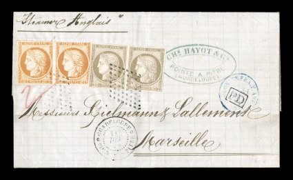 French Colonies Yvert 13, 20, 1871-72 40c Orange and 30c Brown, choice pairs of each with bright colors and mostly large margins, just into the top frame of the right 40c value,
neatly tied to 1874 entire folded letter to France by sharp black l
