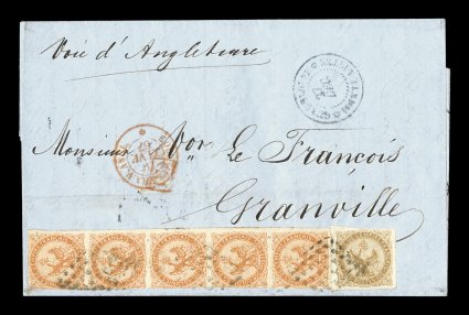 French Colonies Yvert 3, 5, 1859 40c Vermilion vertical strip of five, along with 10c Yellow bister single, an attractive franking paying the rare triple British packet rate to
France, just cutting the design at left on the strip, both tied to 1
