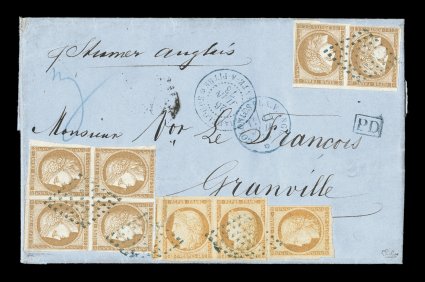French Colonies Yvert 13, 22, 1871-72 40c Orange horizontal pair and single, and 15c Bister block of four and horizontal pair, all making for a striking British packet
triple-rate franking to France paying 2Fr10c, all with virtually clear to