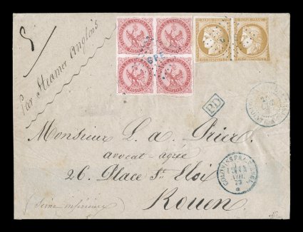 French Colonies Yvert 6, 1865 80c Rose block of four, a highly select block of this key first issue high value with full large margins all around, in mixed franking with 1872 15c
Bister horizontal pair (Yvert 22, slightly cut in), the pair