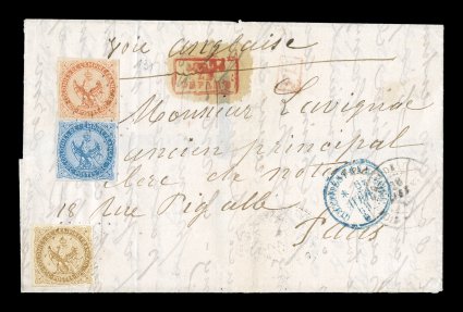 French Colonies Yvert 3, 4, 5, 1859-65 10c Yellow bister, 20c Blue and 40c Vermilion, each a nice four-margin single, tied to 1869 folded cover to Paris by delicate lozenge of
dots cancels, matching light but distinguishable GuadeloupeTrois-Ri