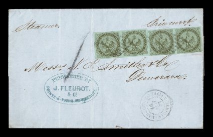 French Colonies Yvert 1, 1862 1c Olive, two horizontal pairs, both very attractive with just clear to large margins all around, in sole franking on 1871 entire prices current to
Demerara (British Guiana) paying the local printed matter rate,