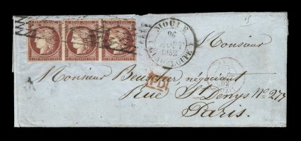 France Yvert 6, 1849 1Fr Carmine horizontal strip of three, an exceptionally attractive example of this rare high value strip, mostly large margins all around and possessing rich
deep color, tied to double-rate 1852 folded cover to France by Fre