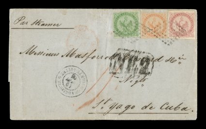 French Colonies Yvert 2, 5, 6, 1859-65 5c Green, 40c Vermilion and 80c Rose, singles of each in three-color franking, mostly clear to large margins, 5c with scissors cut at top,
tied to 1866 folded cover to St. Yago, Cuba by black lozenge cancel