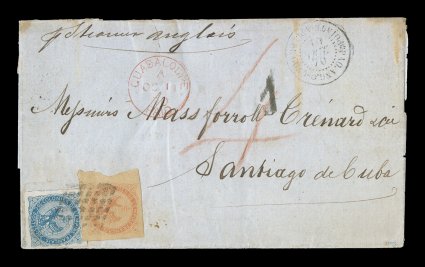 French Colonies Yvert 4, 5, 1859-65 20c Blue and 40c Vermilion, both well margined singles, the 40c especially so with portion of sheet margin at left, tied to 1870 folded cover
to Santiago, Cuba by black 7x7 point lozenge cancel, quite clear st