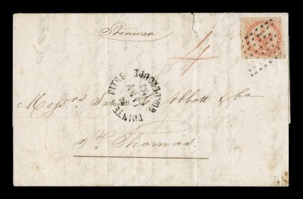 French Colonies Yvert 5, 1859 40c Vermilion, single franking tied to 1862 folded cover to St. Thomas by full black lozenge cancel and matching clear strike of
Pointe-a-PitreGuadeloupe26 Janv 1862 rimless c.d.s., via the British Agency wi