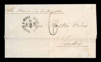 1861 Pointe-a-Pitre unpaid stampless cover to England, an entire folded letter handled in the normal manner that single-rate unpaid letters to France were handled, large 6 rate
handstamp for 6 decimes due and Pointe-a-Pitre10 Aout 1861 rimle