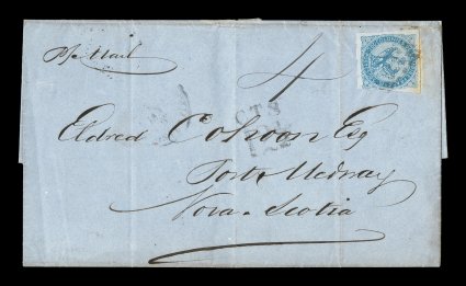 French Colonies Yvert 4, 20c Blue, single franking paying the 20c local Guadeloupe postage, tied to 1869 entire folded letter to Nova Scotia by black lozenge cancel with faint
Pointe-a-Pitre c.d.s. at left, red British Agency GuadaloupeJA