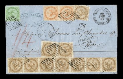 French Colonies Yvert 2, 3, 5, 1859-62 5c Green, 10c Yellow bister and 40c Vermilion, a striking franking consisting of a single of the 5c, three singles and a rare horizontal
strip of seven of the 10c value and a 40c vertical pair, all with
