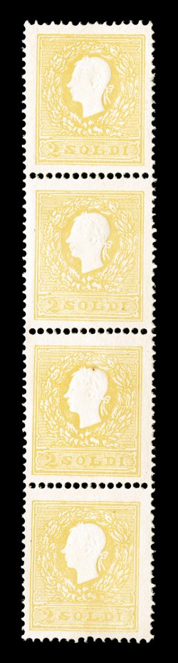 Sassone 28, 1859 2s Yellow, Ty. II, choice unused vertical strip of four, all are beautifully centered and possess radiant yellow color on fresh clean paper, full intact
perforations all around, tiny pinpoint tone speck on one stamp, otherwise e