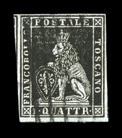 Sassone 1, 1851 1q Black on grayish, attractive used single with large margins, showing a portion of the frame line of the next stamp at left, neat black line cancel, choice
very fine example of this scarce low value signed E(milio) D(iena), Ra