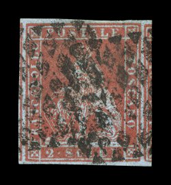 Sassone 3, 1851 2s Scarlet on bluish, an impressive used example of this value that is incredibly rare either mint or used, featuring large to enormous margins showing portions
of the adjacent stamps on either side, color and impression are stro