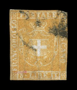Sassone 23, 1860 3L Yellow ocher, a genuine used example of this world-class high value rarity, bright color, cut along the frame lines all around being slightly in at the top
right corner and at right, the all important value tablet is full and