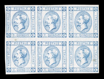 Sassone 12, 1863 15c Blue, Ty. I, mint block of six (3x2) with large balanced margins all around, deep color on bright paper, full o.g., hinged in the top center stamp, the rest
are n.h., light diagonal crease affects the bottom strip of three,